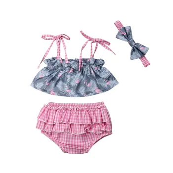 2019 Recién Verano Precioso Bebé de los Niños de las Niñas de Bebé Flamingo 3PCS Conjuntos sin Mangas, Cinturón, Chaleco de color Rosa a Cuadros Corto Diadema Imagen