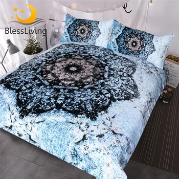 BlessLiving Mandala de ropa de color Negro y Azul funda de Edredón Conjunto Floral Impreso Cubierta de la Cama para Adultos Flor de cama Doble Imagen