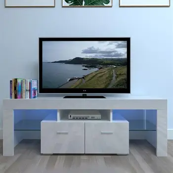 Brillante LED, Soporte TV con 2 Cajón del RGB LED Luces, la Madera de los Medios de Almacenamiento de la Consola de TV de Pantalla Plana de Gabinete para la Sala de estar, Sala de estar Imagen