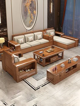 De madera de nogal de madera maciza sofá de almacenamiento de gran tamaño de la familia sala de estar combinada de muebles de madera, mesa de té de madera maciza mueble de TELEVISIÓN Imagen