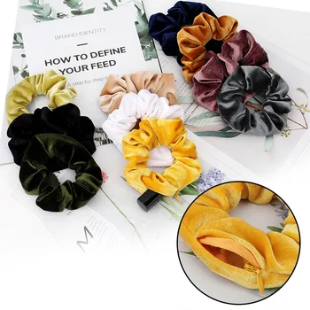 La novedad de Corea del Terciopelo Scrunchies Cremallera Scrunchie Tie-dye Elástico Bandas para el Cabello de Color Sólido Diademas de Moda Mujer de Pelo Accesorios Imagen