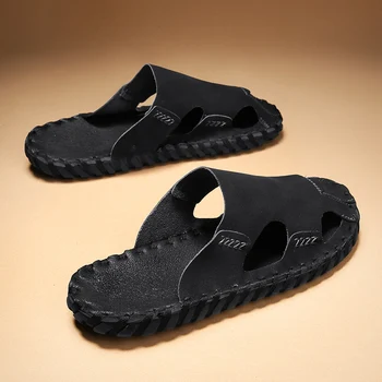 Nuevos Hombres de la Moda de Cuero de las Sandalias de 2023 Verano el recorrido de la Calidad Zapatillas Zapatos Casuales de Fondo Plano al aire libre antideslizante Zapatos de Playa Imagen